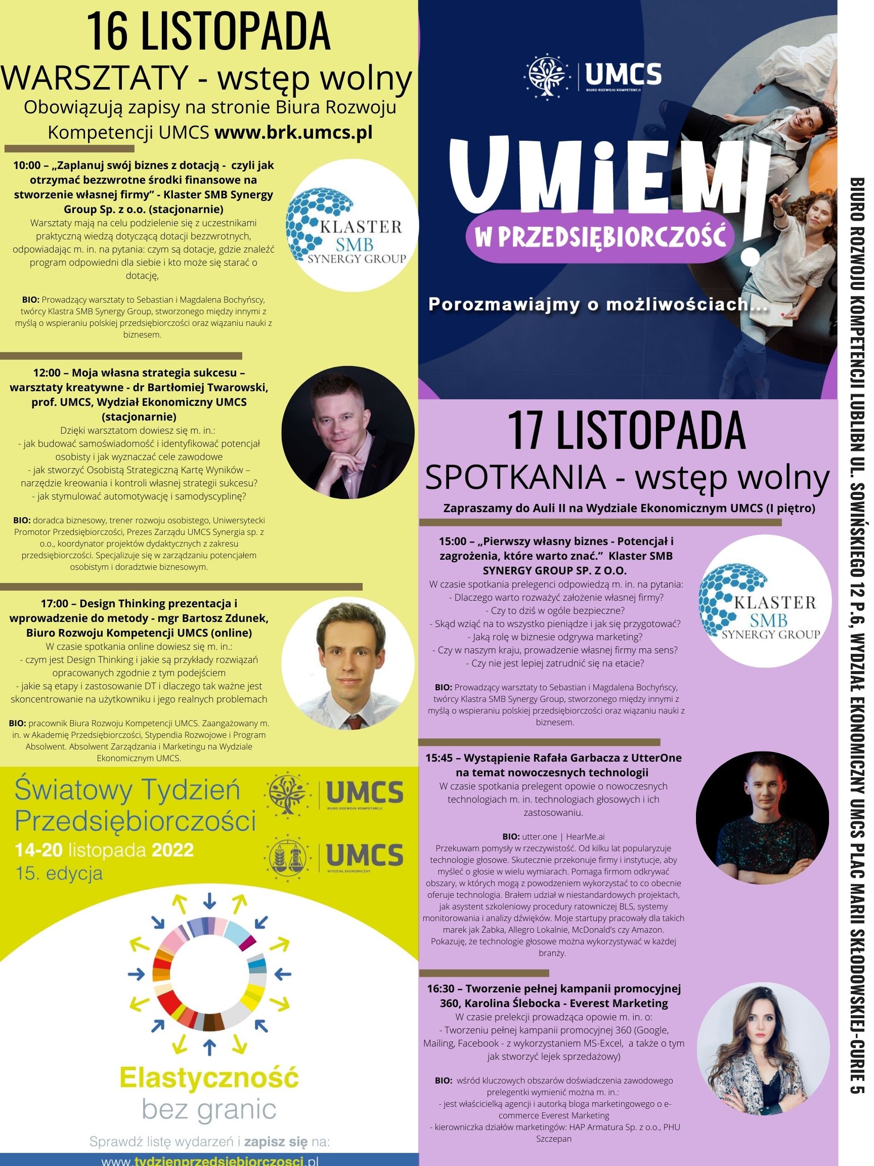 Plakat do wydarzeń organizowanych przez BRK i WE UMCS w ramach ŚTP i projektu Umiem w Przedsiębiorczość